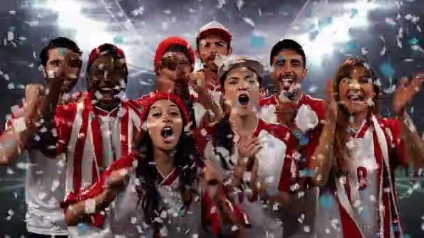 Digital Composite Group Diverse Fans Wearing Uniforms Cheering Team While — Stock Video