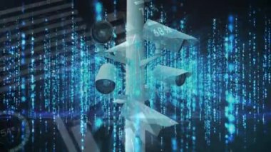 Farklı grafiklerle ekrana doğru hareket eden parlayan ışıklar ile gözetim kameralarının dijital animasyonu