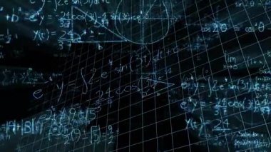 Siyah bir arka plan aleyhine ekranda hareket matematiksel denklemlerin dijital animasyon