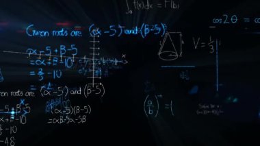 Karanlıkta bir arka plan aleyhine ekranda hareket matematiksel denklemlerin dijital animasyon
