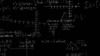 Siyah bir arka plan aleyhine ekranda hareket matematiksel denklemlerin dijital animasyon