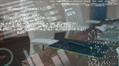 Dizüstü bilgisayar, kalem ve küçük bitki ile bir çalışma masasının arka plan ile ekranda hareket program kodları ve grafiklerin dijital animasyon