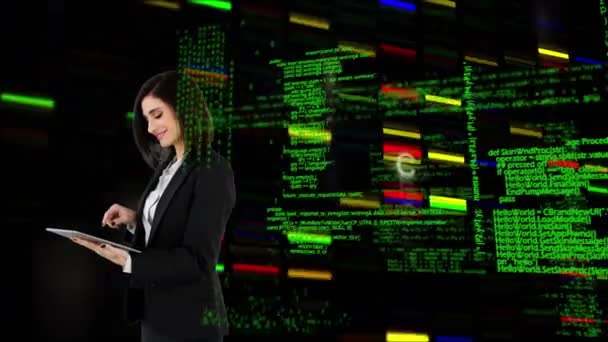 Digital Composite Caucasian Businesswoman Using Tablet While Colorful Lights Program — Stock Video