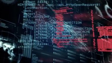 Dünya haritası ile dijital arayüzün arka planı ile ekranda hareket eden program kodlarıdijital animasyon