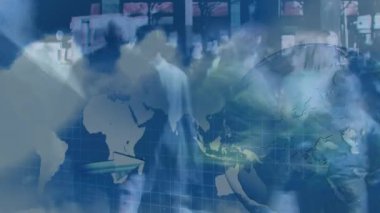 Bir dünya haritası ve dünya insanlar yürüyüş ile meşgul bir caddenin yukarı ve arka plan hareket eden bir ok ile dönen dijital olarak oluşturulan animasyon