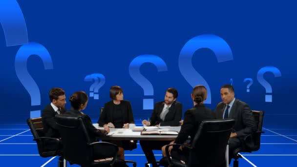 会議における多様なビジネスマンのデジタルコンポジット 疑問符が青色の背景で回転する — ストック動画