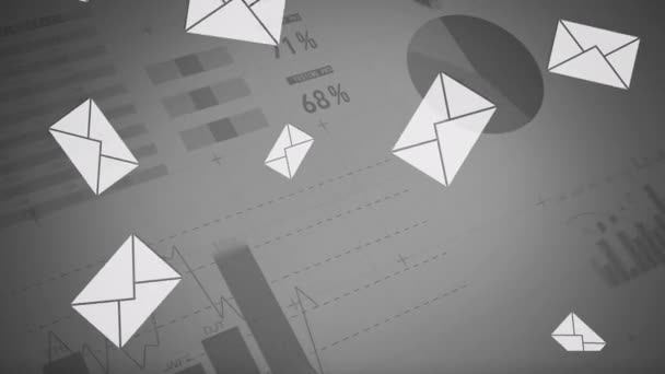Animação Digital Envelopes Mensagens Caindo Tela Enquanto Diferentes Gráficos Movem — Vídeo de Stock