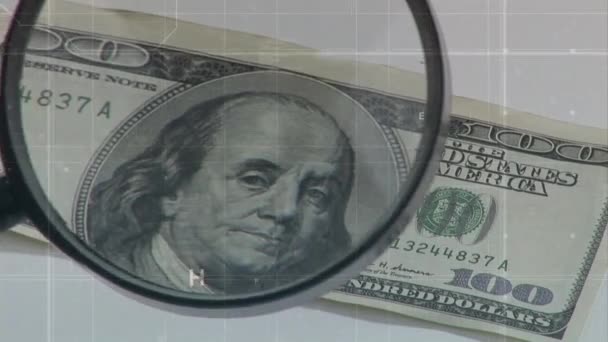 Compuesto Digital Una Lente Aumento Billete Cien Dólares — Vídeo de stock