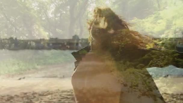 Digital Composite Caucasian Woman Arms Out Spinning Beach Background Forest — Stock Video