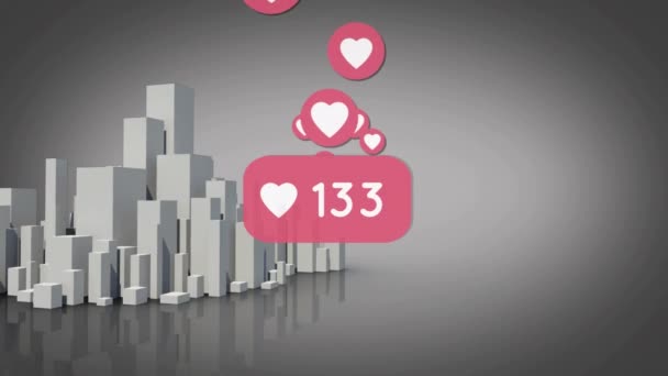 Animación Generada Digitalmente Iconos Del Corazón Con Números Crecientes Fondo — Vídeos de Stock