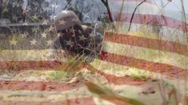 Elinde silah ve arka plan da sürünen üniformalı beyaz bir askerinin dijital bileşimi, hareket eden bir Amerikan bayrağını gösteriyor.