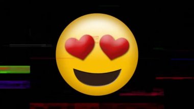 Harts gözleri ve siyah arka plan karşı büyük bir gülümseme ile sarı emoji Animasyon. Ön planda görünen renkli çubuklar.