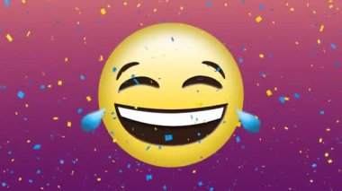 Pembe arka plan aleyhine düşen konfeti ile ağlarken gülen sarı emoji animasyonu