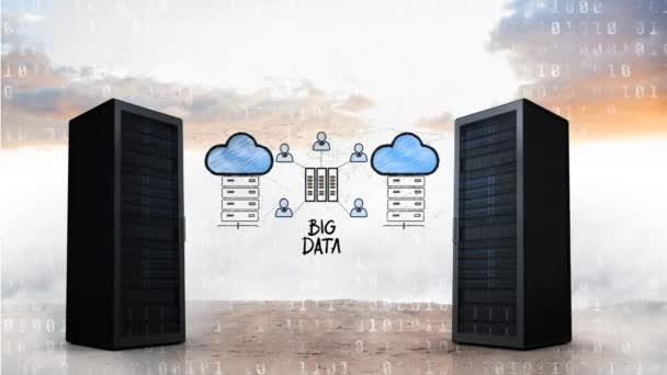 Animação Duas Torres Servidores Movendo Direções Opostas Enquanto Big Data — Vídeo de Stock