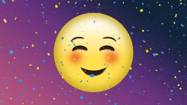 Pembe yanaklar ve konfeti mor arka plan karşı düşen sarı emoji sallayarak Animasyon