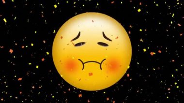 Ağzı kapalı ve kırmızı yanakları siyah arka plan karşı stresli görünümlü sarı emoji Animasyon. Konfeti düşüyor.