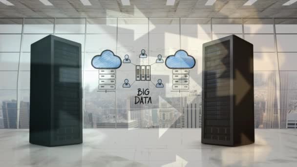 画面の中央に雲のアイコンが表示されたビッグデータが反対方向に移動しながら 2台のサーバータワーのアニメーション オフィスの右に移動する白い矢印 — ストック動画