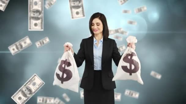 달러가 백그라운드에서 떨어지는 돈으로 가방을 사업가의 디지털 — 비디오