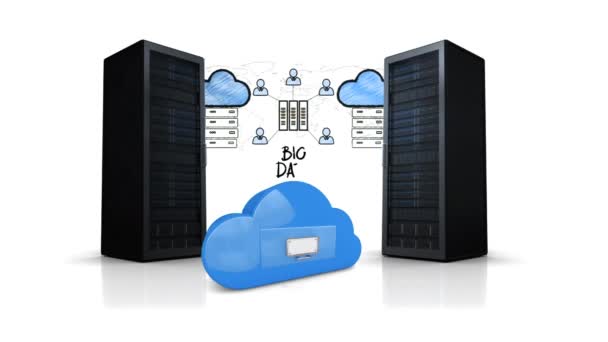两个服务器塔向相反方向移动的动画 而大数据的云图标出现在屏幕中间 — 图库视频影像