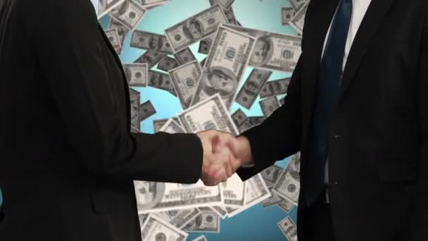 Digital Composite Businessman Businesswoman Shaking Hands While Dollars Fall Background — Stock Video