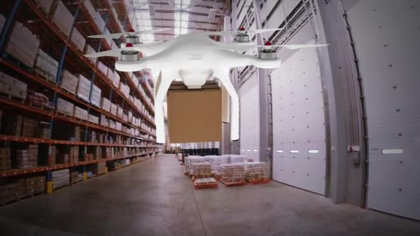 Animazione Digitale Drone Che Trasporta Pacco Magazzino — Video Stock