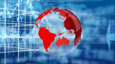 Bir dünya haritası, oklar, veri grafikleri ve grafiklerden oluşan mavi ızgara arka plan üzerinde dönen kırmızı bir dünya küresinin dijital animasyonu