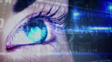Dijital veriler ve ön planda kaydırma harfi ile gözünü kırpan bir kadının dijital animasyonu