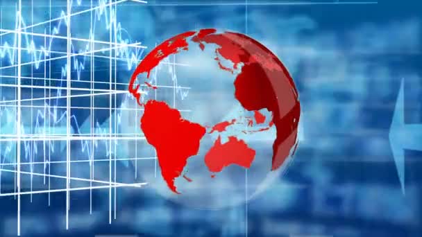 Animation numérique d'un globe terrestre rouge tournant sur un fond de grille bleue composé d'une carte du monde, de flèches, de graphiques de données et de graphiques 