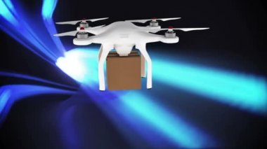 Koyu bir arka plan üzerinde hareket eden mavi ışık çizgileri üzerinde uçan bir parsel ile bir drone dijital animasyon