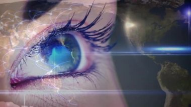 Işık bağlantıları arka plan ile bir dünya küre onu kahverengi göz açma bir kadının dijital animasyon