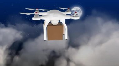 Gece gökyüzünde bulutların üzerinde uçan bir parsel ile bir drone dijital animasyon