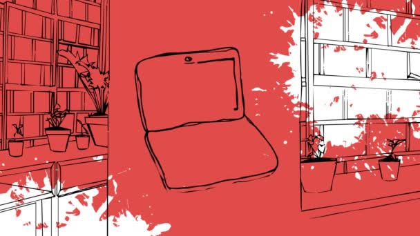 Animação Digital Laptop Desenhado Uma Biblioteca Vermelha Fundo Desenhado — Vídeo de Stock