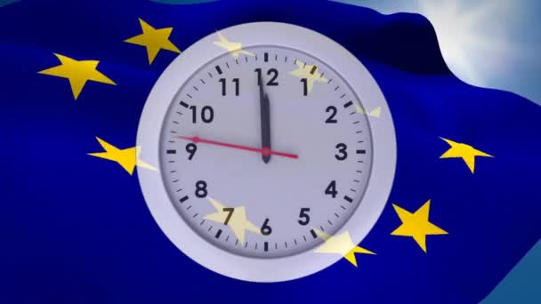 Animation Numérique Une Horloge Contre Drapeau Européen Transformant Drapeau Britannique — Video