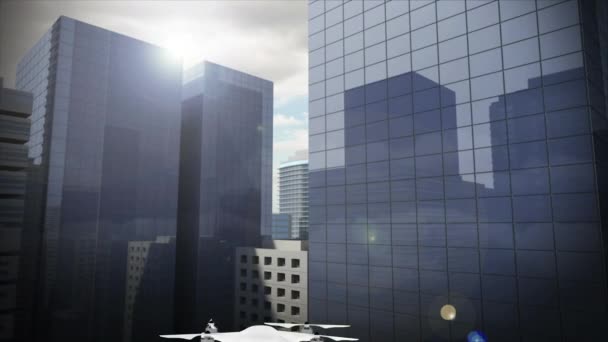 Digitale Animation Einer Drohne Die Gegen Städtische Gebäude Fliegt — Stockvideo
