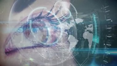 Veri grafikleri ve analizleri ile çevrili bir kadın kahverengi göz açık dijital animasyon