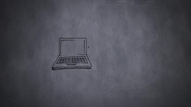 Цифровая Анимация Рисования Двух Ноутбуков Деловыми Людьми Экране Сером Фоне — стоковое видео