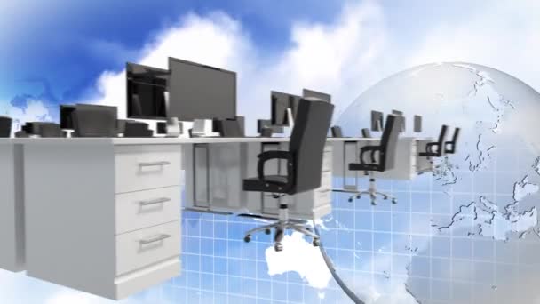 桌面的数字动画 计算机在天空背景上滚动 地球地球旋转 — 图库视频影像