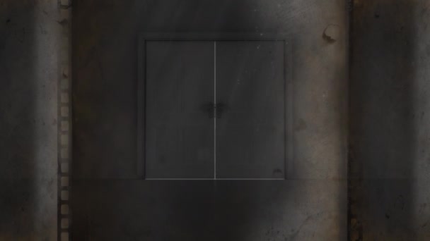 Animation numérique d'une pièce vide avec une porte ouvrant sur un film de cinéma roulant 