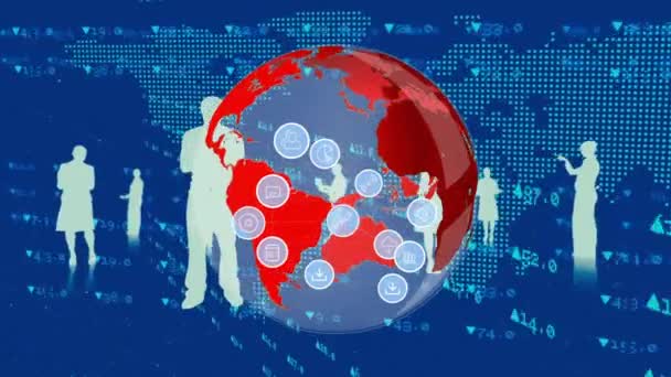 Animação Digital Vários Ícones Negócios Azuis Reorganizando Multiplicando Mundo Rotativo — Vídeo de Stock
