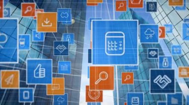 Blockchain ağları ile bağlanan ve yüksek katlı binalarda yol yapan farklı bilgisayar simgelerinin dijital animasyonu.