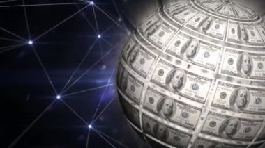 Blockchain ağ döngüleri soyut arka plan ile Abd doları para birimi ile kaplı dönen bir kürenin dijital animasyon.