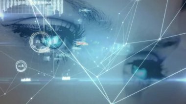 Hareketli blockchain ağları bir dizi izlerken bir kadının gözlerinin dijital animasyon.