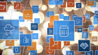 Arka plan olarak bulanık ampuller ile blockchain teknolojisi ile bağlı farklı bilgisayar simgelerinin dijital animasyon.