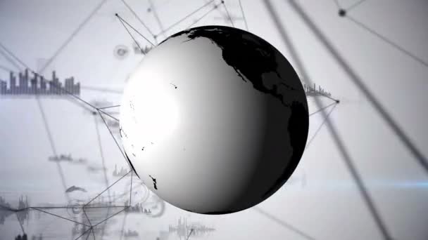 Цифрова Анімація Глобусу Світу Чорно Білих Блокових Мережах Статистичними Інструментами — стокове відео
