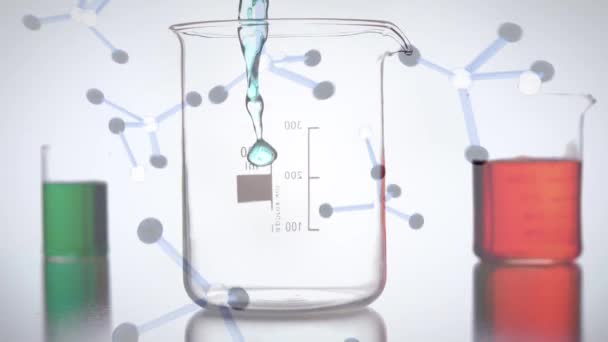 Animation Numérique Molécules Trois Béchers Avec Des Liquides Chimiques Bleu — Video