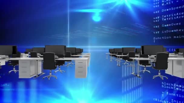 オフィスを強調するランダムなコンピュータプログラミングコードのデジタルアニメーション — ストック動画