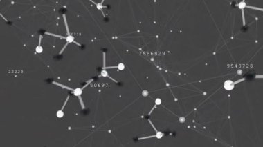 Rasgele dönen molekül yapılarının ve rasgele sayılarla hareket eden blockchain ağlarının gri arka plan üzerinde dijital animasyonu