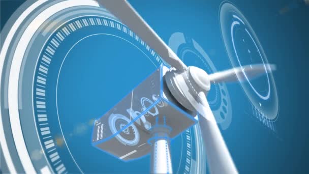 3つの円形リングと一緒に回転する風車タービンブレードのデジタルアニメーション — ストック動画