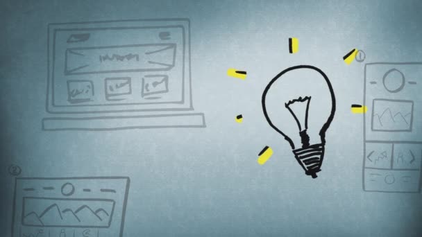 Digital Animation Skissad Blinkande Glödlampa Grå Bakgrund Med Skisser Laptop — Stockvideo