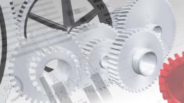 Ortada kırmızı dişli ile çalışan dişliler ve tekerlekler ve grafik ve istatistikleri ön planda çalışan dijital animasyon
